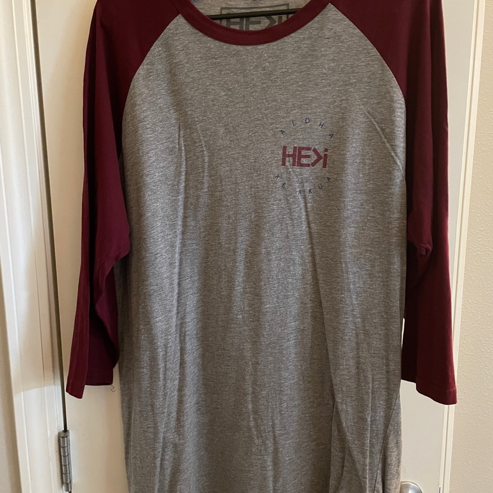 HE>I Gray and Burgundy Raglan Tee